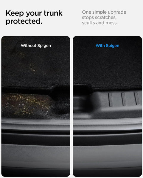 Spigen rear bumper trunk sill guard for Tesla Model Y (2025–2026), black; two-panel view, left without Spigen, right with Spigen.
