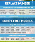 Table showing replace number for 21 Inch Mulching Lawn Mower Blade For Cub Cadet MTD Craftsman Troy Bilt TB110 TB200 Walk Behind Push Mowers Replacement Parts 942-0741A 742-0741A CMXGZAM100067 and compatible models list.