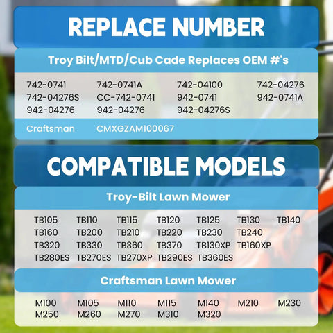 Table showing replace number for 21 Inch Mulching Lawn Mower Blade For Cub Cadet MTD Craftsman Troy Bilt TB110 TB200 Walk Behind Push Mowers Replacement Parts 942-0741A 742-0741A CMXGZAM100067 and compatible models list.