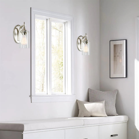 Brentwood Seeded Glass Shades Set in modern room, clear bubble glass on wall sconces, 6.25 Inch by 4 Inch dimensions, 3-Pack.