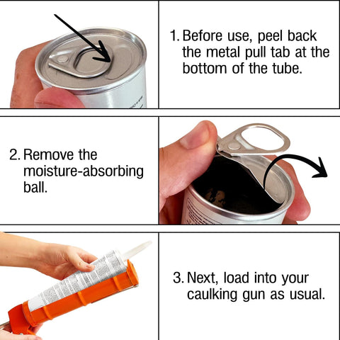 Instructions on using Marine Adhesive Sealant 5200 Fast Cure 10 Oz, showing steps to open, prepare, and load into caulking gun.