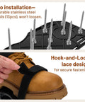Dual Layer Spike Lawn Aerator Shoes With Self Cleaning Design, Pre Installed Ten Spikes, Adjustable Hook And Loop Straps, Durable Garden Footwear for flat grassland care, showing stainless steel spikes and straps on brown shoe