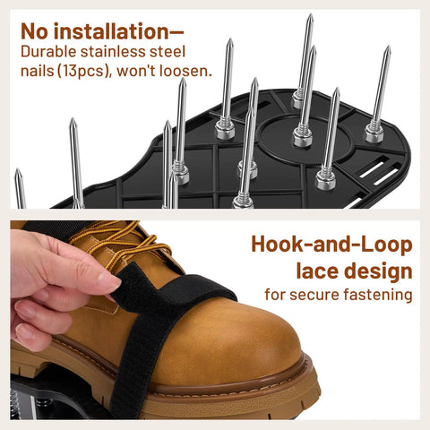 Dual Layer Spike Lawn Aerator Shoes With Self Cleaning Design, Pre Installed Ten Spikes, Adjustable Hook And Loop Straps, Durable Garden Footwear for flat grassland care, showing stainless steel spikes and straps on brown shoe
