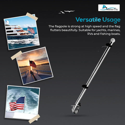 Stainless Steel Rail Mount Flag Staff Pole With Adjustable Clamps And 12x18 Inch US Flag, versatile usage display for marine gear.