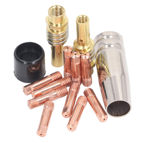Pro Grade MIG Welding Accessory Kit 14 Piece Red Copper Torch Tips, Gas Nozzles, and Connecting Rod Covers for 15AK MIG MAG Torches