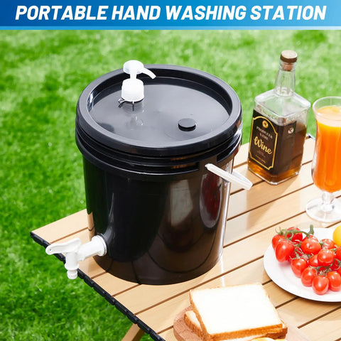 Kick Hassle Free Cleaning With This Slick Portable Hand Wash Station And Pump Soap Dispenser Featuring A Roomy Two Point Six Gallon Tank Perfect For Tailgates Campsites Job Sites Or Road Trips To Keep Your Crew Fresh On The Fly. Black portable hand wash station and pump on a picnic table outdoors.