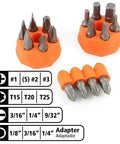 The Ultimate 34 Piece Ratcheting Screwdriver Set With Magnetic Multi Bits, Sae Metric Sockets, Phillips Slotted Torx Hex Heads for All Your Home Repair And Electronics Fixes! orange bit set with labeled sizes