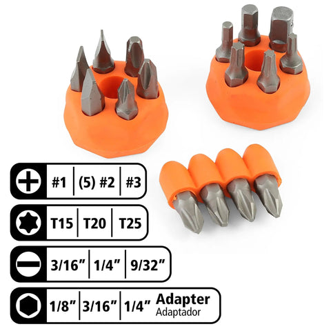 The Ultimate 34 Piece Ratcheting Screwdriver Set With Magnetic Multi Bits, Sae Metric Sockets, Phillips Slotted Torx Hex Heads for All Your Home Repair And Electronics Fixes! orange bit set with labeled sizes