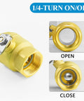 3/4 Inch Full Port Brass Ball Valve With 1/4 Turn Blue Handle showing open and close positions, durable, corrosion resistant.