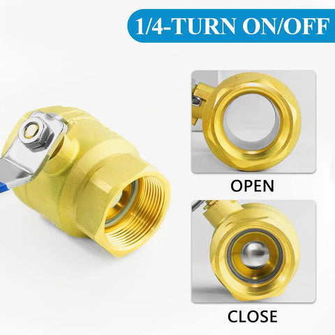 3/4 Inch Full Port Brass Ball Valve With 1/4 Turn Blue Handle showing open and close positions, durable, corrosion resistant.