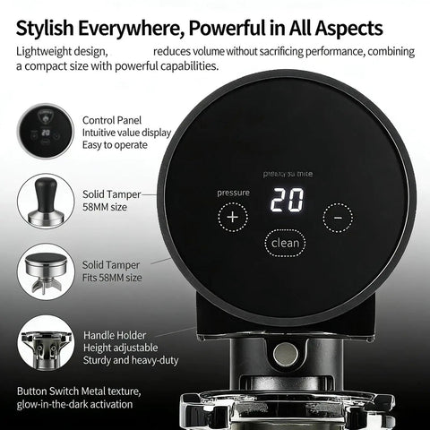 Precision Auto Espresso Tamper 58mm Electric Tamping Station with control panel, solid tamper, and adjustable handle holder.