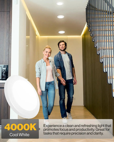 Couple in hallway under 16 Pack Ultra Thin 6 Inch LED Recessed Can Lights Dimmable 1050 Lumens With Selectable CCT