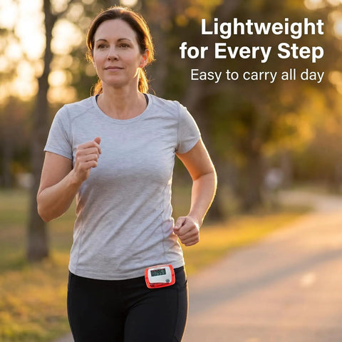 Portable Mini Digital Pedometer With LCD Screen Step Counter Tracking Walking Distance In Miles Calorie Burn And Exercise Time Plus Daily Target Monitor For Walks Runs And Daily Fitness On The Go Red worn on jogger waistband