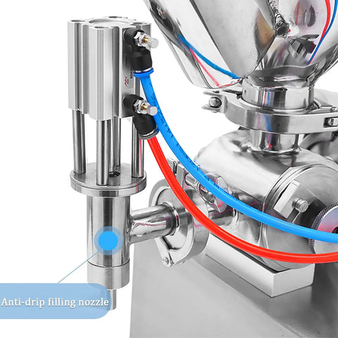 Heavy Duty Single Head Paste And Liquid Filling Machine With Heating Mixing Hopper and Anti Drip Piston Setup, close-up of anti-drip nozzle.