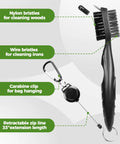 Retractable club brush with nylon and wire bristles, carabine clip, shown with Two Black Microfiber Waffle Golf Towels With Retractable Club Brush Pro Grade Clean Up For Dirt Mud Sand Grass Must Have Golf Gear And Cleaning Kit For Clubs.