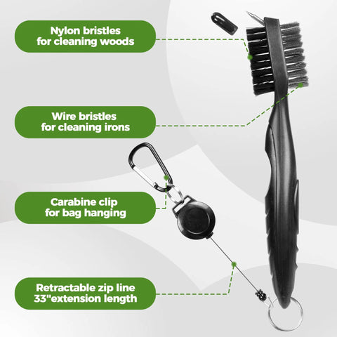 Retractable club brush with nylon and wire bristles, carabine clip, shown with Two Black Microfiber Waffle Golf Towels With Retractable Club Brush Pro Grade Clean Up For Dirt Mud Sand Grass Must Have Golf Gear And Cleaning Kit For Clubs.