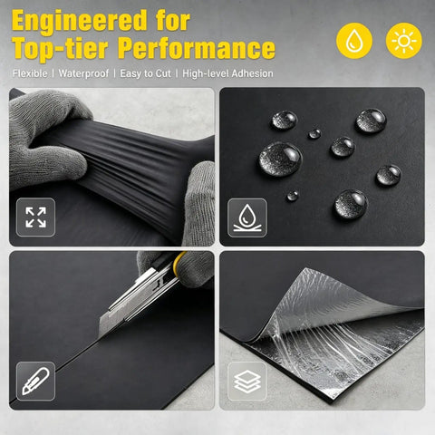 Real Deal Self Adhesive EPDM Rubber Roofing Membrane For Flat Roofs 53 Mil Thick 39 In Wide By 16 Ft Long shown being cut and waterproof tested.