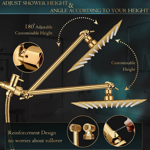 12 Inch Rain Shower Head With 11 Inch Adjustable Extension Arm And 5 Function High Pressure Handheld Shower Brushed Gold Finish