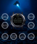 Workhorse Scuba Diving Computer Watch D3 with alerts display, surrounded by dive warnings, highlighting diving functionality.