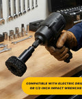 Grease Monkey Approved Wheel Hub Cleaning Kit With Drill Adapter held with a hand, showing compatibility with impact wrenches.