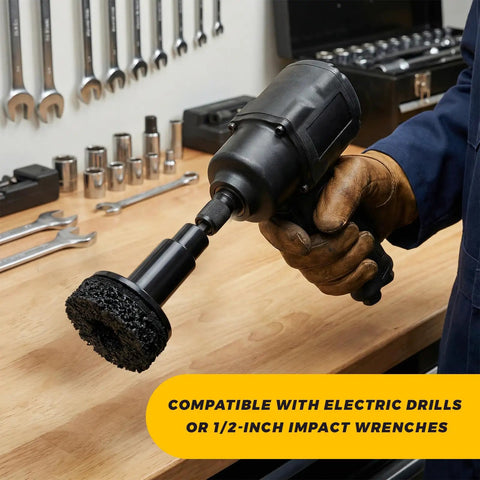 Grease Monkey Approved Wheel Hub Cleaning Kit With Drill Adapter held with a hand, showing compatibility with impact wrenches.