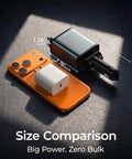 Size comparison of Retractable USB C Car Charger 75W Fast 4 In 1 Dual Type C with iPhone and standard charger, grey.