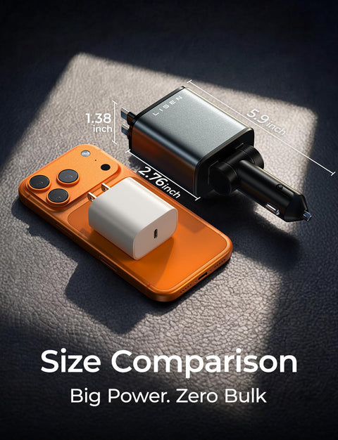 Size comparison of Retractable USB C Car Charger 75W Fast 4 In 1 Dual Type C with iPhone and standard charger, grey.