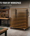 Built Tough 15 Tier Paint Drying Rack For Cabinet Doors And Wood Panels Heavy Duty Steel Rack in a garage workspace.