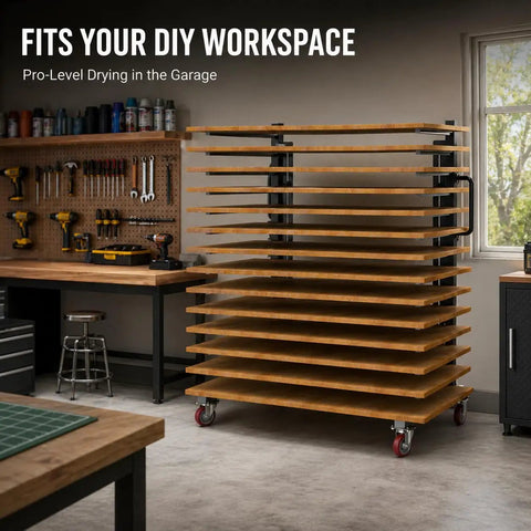 Built Tough 15 Tier Paint Drying Rack For Cabinet Doors And Wood Panels Heavy Duty Steel Rack in a garage workspace.