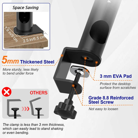 Pro Grade Studio Monitor Stands Pair With Desk Clamp showcasing 5mm thickened steel and 3mm EVA pad for surface protection.