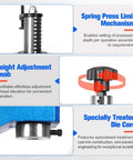 Close-up of Heavy Duty Cast Iron Desktop Arbor Press Kit features: height adjustment knob and spring press limit mechanism.