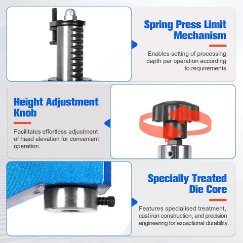 Close-up of Heavy Duty Cast Iron Desktop Arbor Press Kit features: height adjustment knob and spring press limit mechanism.