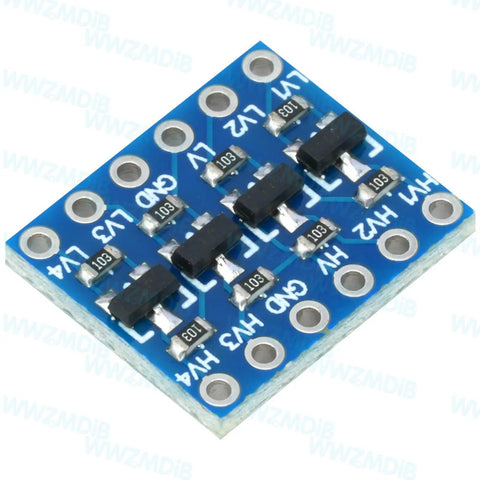 Four Channel Bidirectional Logic Level Shifter Module 3.3V To 5V And 5V To 3.3V module with circuit components, top view.