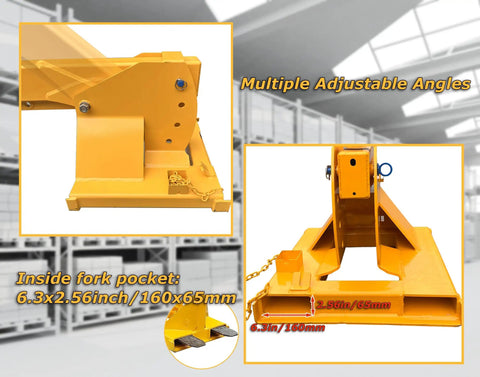 Forklift Jib Boom Crane With Adjustable Tilt 6600 Lbs Capacity showing adjustable angles and fork pocket dimensions.