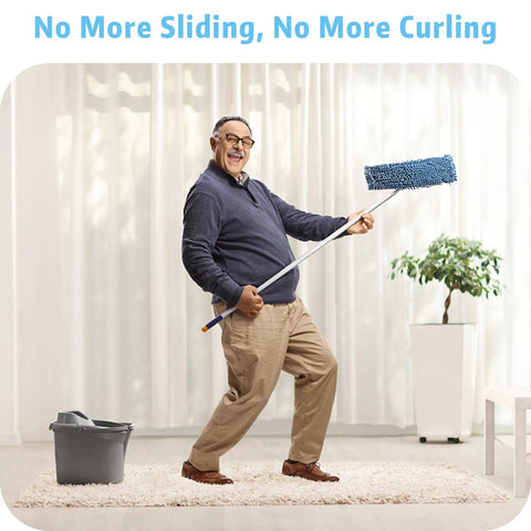 Man joyfully mopping on a rug using Eight Pack Rug Tape Grippers For Rugs Reusable Washable Non Slip Double Sided Rug Pads