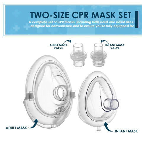 Primacare RS-6848 CPR mask set with adult and infant masks and valves, clear plastic