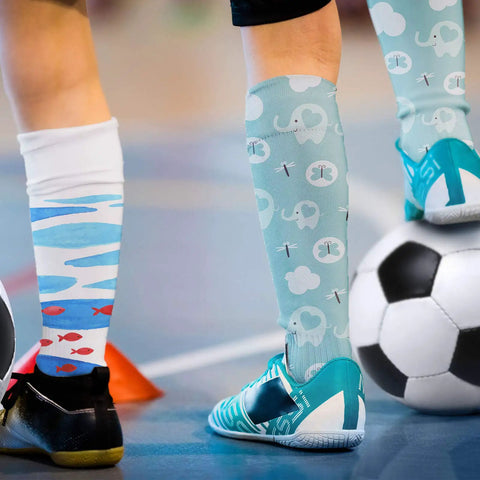 DIY Sublimation Blank Socks Kit With 2 Metal Straight Sock Jigs And 2 Pairs Of Blank Socks For At Home Heat Press Dye Sublimation Printing And Creative Pattern Designs shown with children wearing printed socks.