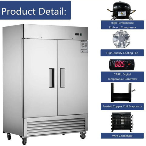 Industrial Grade 54 Inch Commercial Upright Refrigerator With Two Solid Doors And Plenty Of Space Keeping Your Goods Kickin Cold On The Regular For Bars Restaurants Or Shop Garages, showcasing high-performance Embraco compressor and digital controller.