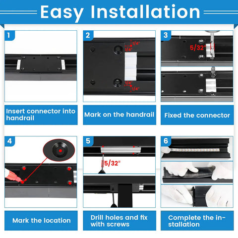 Installation steps for Rock Solid Heavy Duty Black Aluminum LED Cable Railing Handrail Six Foot Six Inches for Deck and Stairs.