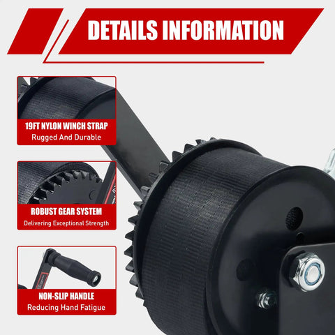 Heavy Duty 600 Lb Boat Trailer Winch With Black Polyester Strap Anti Slip Handle Hand Crank Two Way Ratchet Details