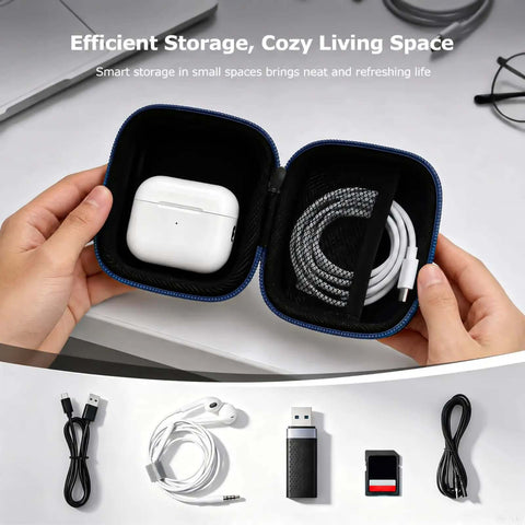 Dang Slick PU Leather And Eva Hard Shell Earbud Case For AirPods And Wireless Pods With Internal Mesh Pocket And Cable Stash And Carabiner Strap To Hold It Tight On Every Adventure In Blue with earbuds and cables inside.