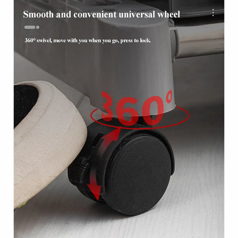 Close-up of wheel on Movable Mop And Broom Holder In Stainless Steel With Drainage Basin, Heavy Duty Cleaning Supplies Organizer