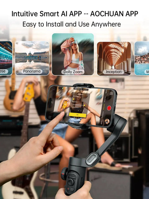 3 Axis Smartphone Gimbal Stabilizer Foldable Handheld For iPhone And Android with Focus Wheel, app interface in use indoors