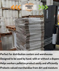 Rock Solid Heavy Duty Stretch Film Rolls For Machines, Clear 80 Gauge Secure Packing And Moving Wrap, stacked pallets wrapped in stretch film.