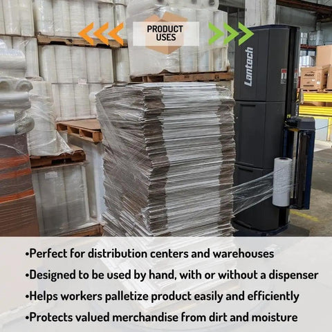Rock Solid Heavy Duty Stretch Film Rolls For Machines, Clear 80 Gauge Secure Packing And Moving Wrap, stacked pallets wrapped in stretch film.
