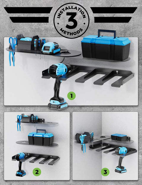 Power Tool Organizer Wall Mount 3 In 1 Cordless Drill Storage Shelf With 4 Holders Corner Design Heavy Duty Utility Rack display