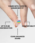 Fingers holding Smaller Ears Rainbow Earplugs For Concerts And Festivals, High Fidelity Reusable Hearing Protection for small ear canals
