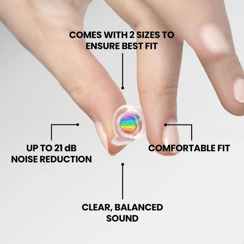 Fingers holding Smaller Ears Rainbow Earplugs For Concerts And Festivals, High Fidelity Reusable Hearing Protection for small ear canals