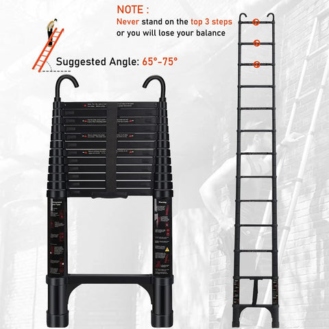 20 Ft Telescoping Ladder Made Of Heavy Duty Aluminum With Detachable Hooks For Safe Indoor And Outdoor Use Space Saving Extension Ladder In Sleek Black Finish Built Like A Boss. Black telescoping aluminum ladder with hooks, folded and extended view
