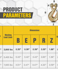 Product parameters for Quarter Inch Clevis Grab Hooks Four Pack Beefy Heavy Duty Chain Hooks For Grade 70 Chains Forged Alloy Steel Trailer And Truck Tie Down Gear Yellow Chromate Finish 3600 Lbs Working Load Limit with dimensions and load limits table.